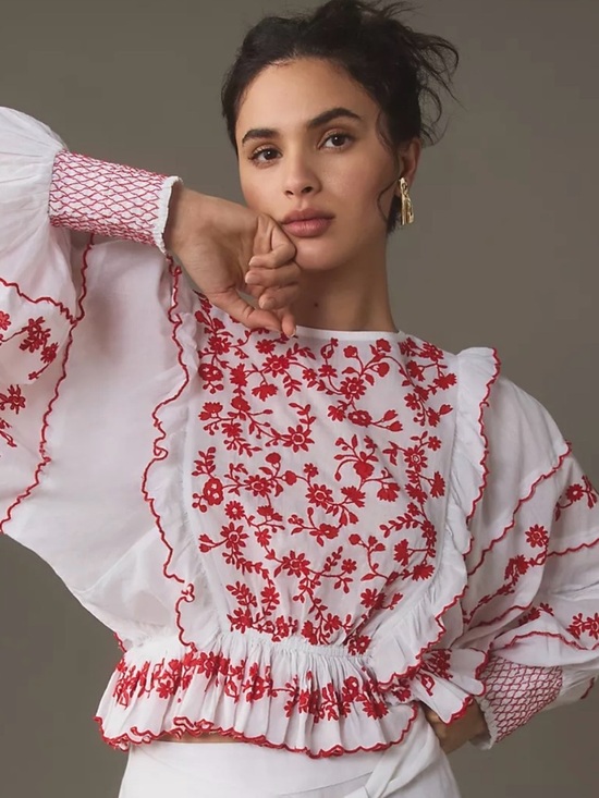 farm rio Tops - Farm Rio White Peasant with Red Floral Embroidery Long Sleeve Blouse Sz small